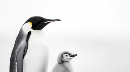 Fototapeta premium adorable penguin and chick standing together in a snowy environment