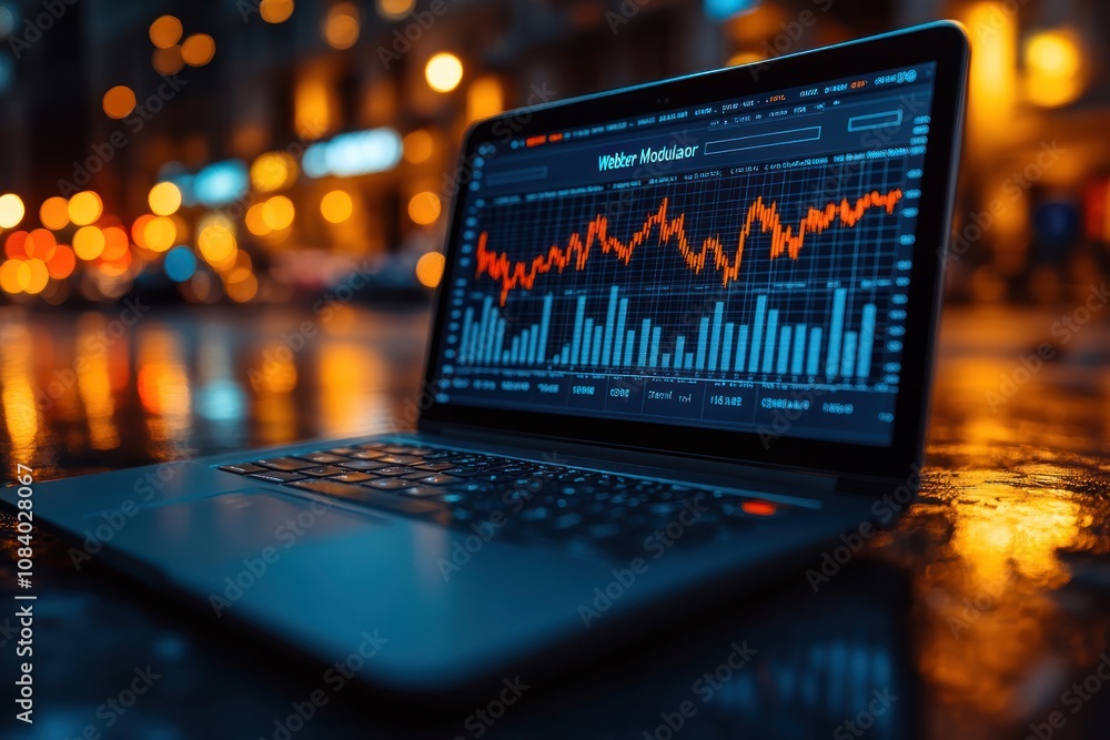 Poster here's a possible and keyword list for your stock photo.. nighttime stock market data on laptop.