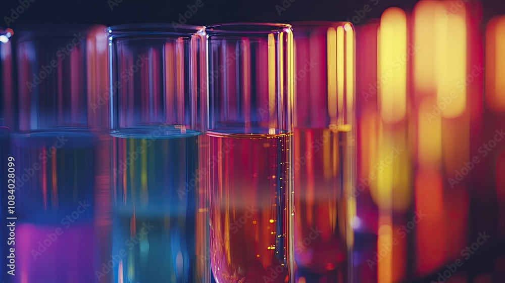 Poster here's a description and keywords for your image.. colorful liquids in test tubes under vibrant ligh