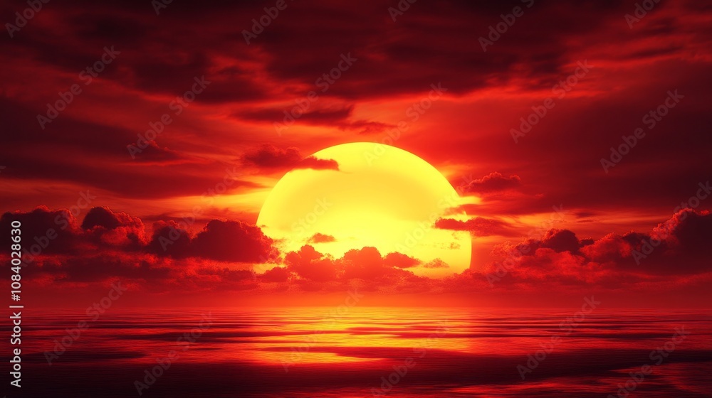 Poster a red sun is setting over the ocean, creating a warm and peaceful atmosphere