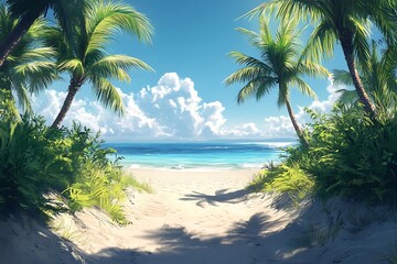 Obraz premium Palm Tree Path to Tropical Beach Paradise1