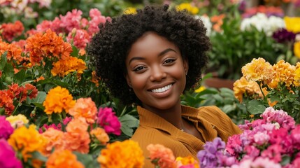 Naklejka premium Garden of Sentiment and Appreciation concept. A smiling woman surrounded by vibrant flowers, showcasing a colorful floral arrangement in a natural setting.