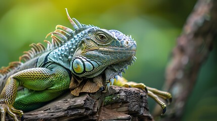 Obraz premium A close-up of a colorful iguana perched on a branch, showcasing its vibrant scales and intricate features.