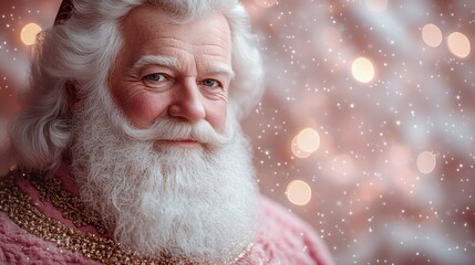 A joyful, bearded man in festive attire against a snowy backdrop.