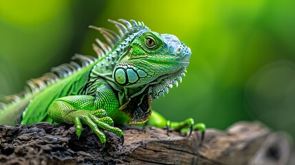 A close-up of a vibrant green iguana resting on a log, showcasing its detailed scales and colorful features.
