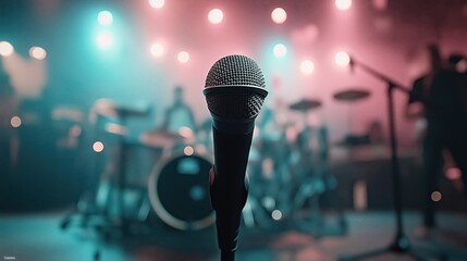 Close-up of a microphone on stage with blurred background of musical instruments and colorful stage lights