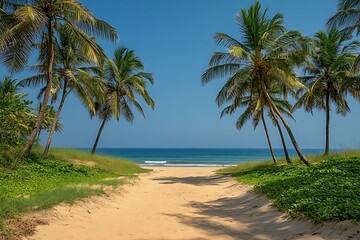 Palm Tree Pathway to a Tranquil Beach Escape