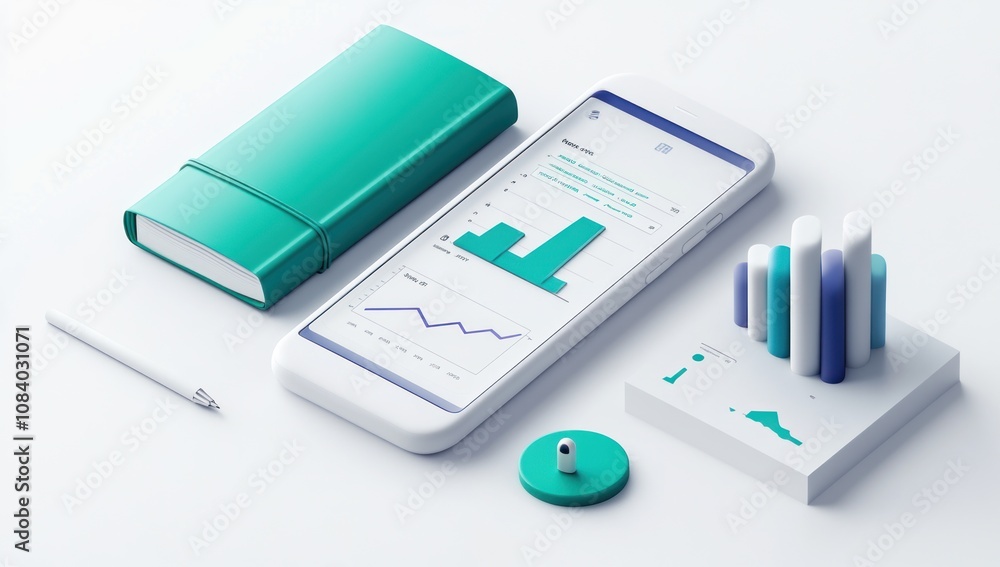 Aufkleber a modern workspace featuring a smartphone with graphs, a notebook, and a pen.