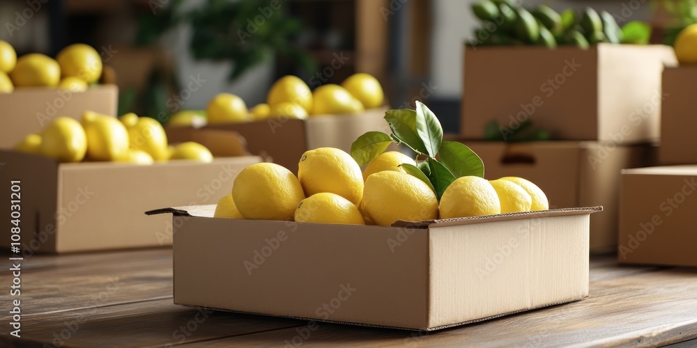 Poster a box of fresh lemons surrounded by more lemons in a rustic setting.