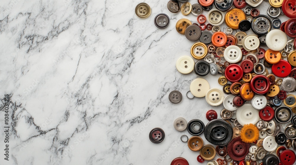 Poster a collection of colorful buttons scattered on a marble surface.