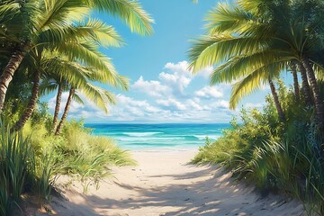Fototapeta premium Palm Tree Pathway to Serene Beach Escape
