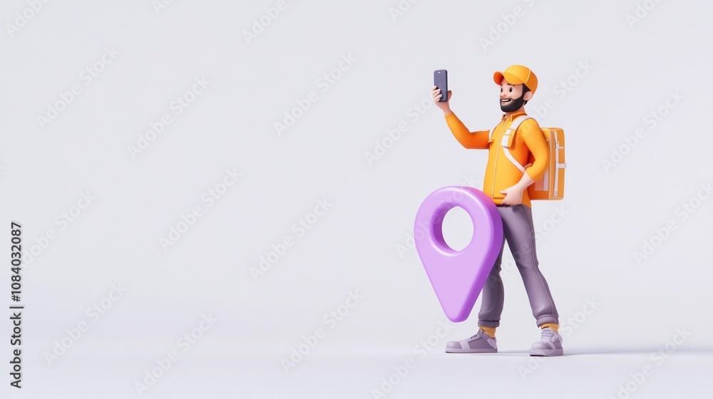 Poster A 3D character holding a smartphone and a location pin, symbolizing navigation or travel.