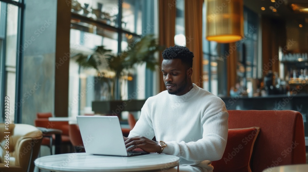 Poster a man is sitting at a table with a laptop in front of him