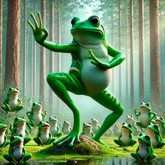 Cute frog doing yoga. Teaching yoga and eastern school. Meditation in nature
