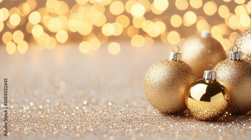 Poster shiny golden ornaments and soft twinkling bokeh lights create an elegant festive holiday background 