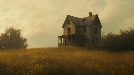 Fototapeta premium Haunting abandoned house in overgrown field eerie atmosphere concept. Haunting. Illustration
