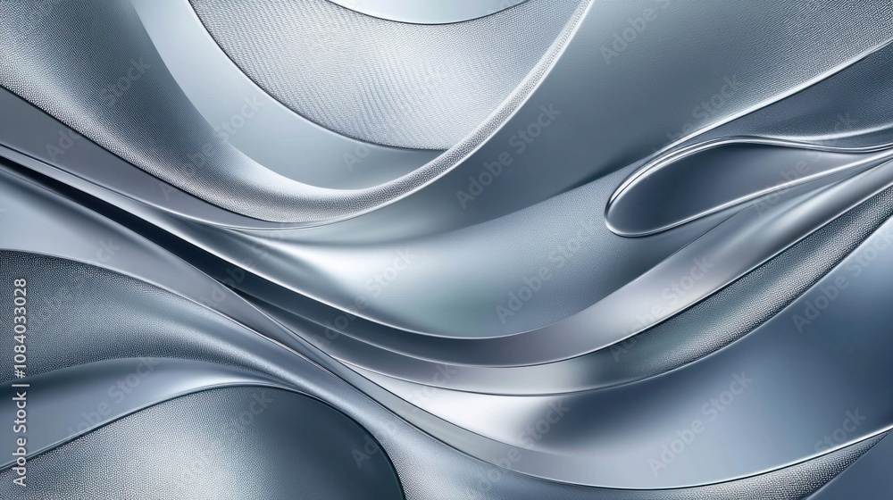 Poster smooth metallic waves in a 3d design, creating a futuristic and elegant background in silver tones