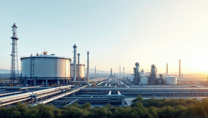 Obraz premium A sprawling energy hub with LNG tanks, pipelines, and advanced gas distribution systems.