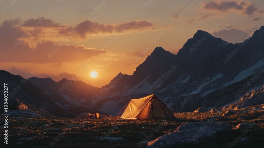 Poster A small tent is set up in a field with mountains in the background