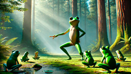 Cute frog doing yoga. Teaching yoga and eastern school. Meditation in nature