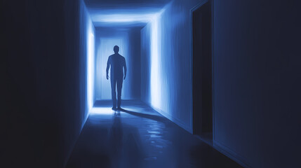 Obraz premium Haunting: the shadowy figure and flickering light - visualize a shadowy figure in a dimly lit room, illustrating the haunting presence of a ghost. Haunting. Illustration