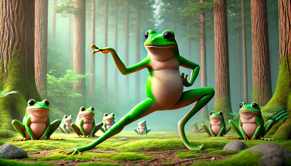 Cute frog doing yoga. Teaching yoga and eastern school. Meditation in nature