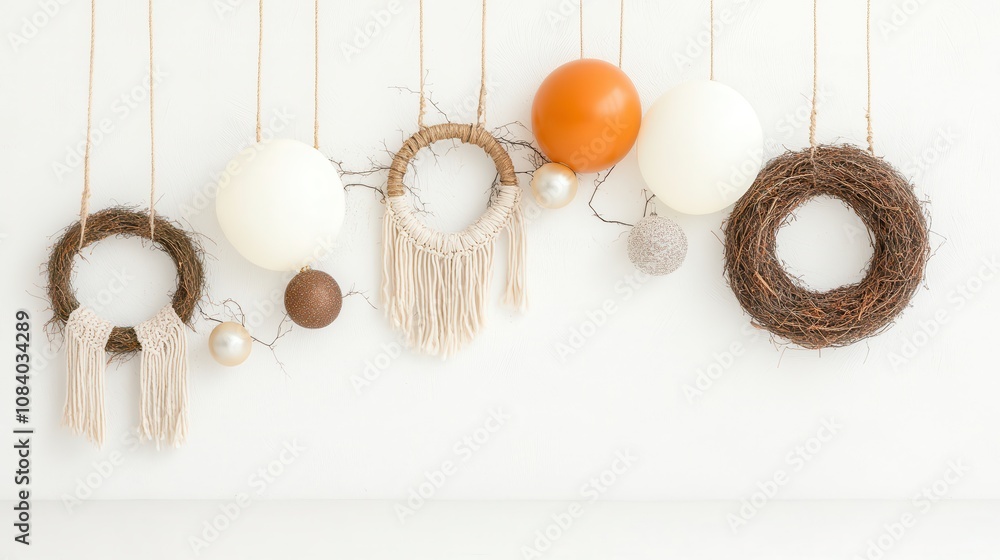 Poster decorative wreaths in various textures and colors hang on a wall, creating a charming and artistic d