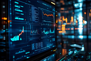 The glow of a computer screen displays intricate data visualizations and analytics
