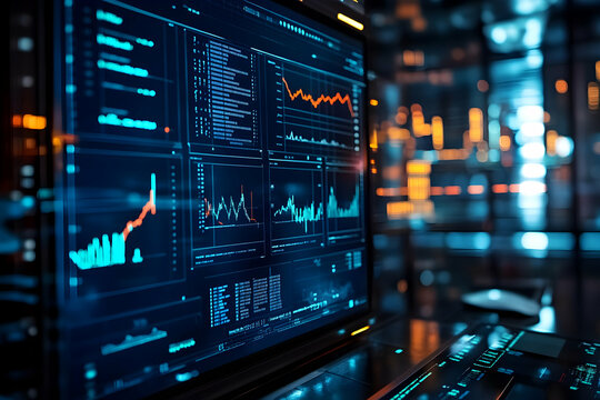 The glow of a computer screen displays intricate data visualizations and analytics