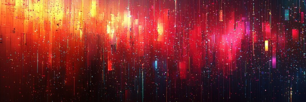 A fiery display of vertical digital lines creates a kaleidoscope of shapes and colors, representing energy, movement, and technological transformation.