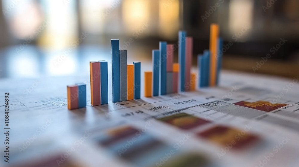 Poster colorful bar graphs representing data analysis trends on a printed report with blurred background fo