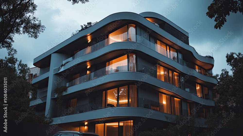 Poster here's a possible and keyword list for your stock photo.. modern apartment building at dusk.
