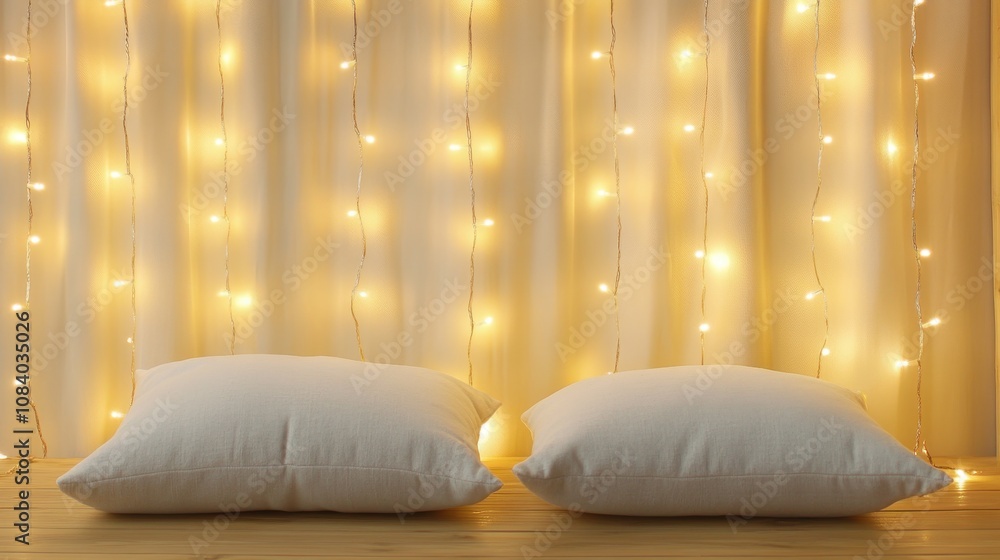 Aufkleber a cozy scene featuring two soft pillows set against a warm backdrop of glowing string lights and flo