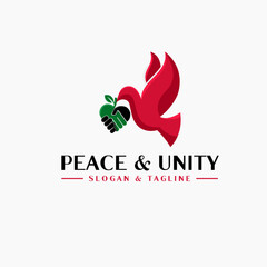Simple logo concept of a dove carrying a symbol of shaking hands forming a heart which symbolizes peace and unity