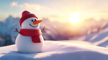 Obraz premium cheerful snowman with red hat and scarf stands on snowy hill at sunset, surrounded by serene winter landscape