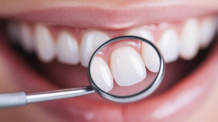 Happy patient looking at their teeth in a dental examination mirror smiling with satisfaction and wellness during a routine dental checkup or inspection
