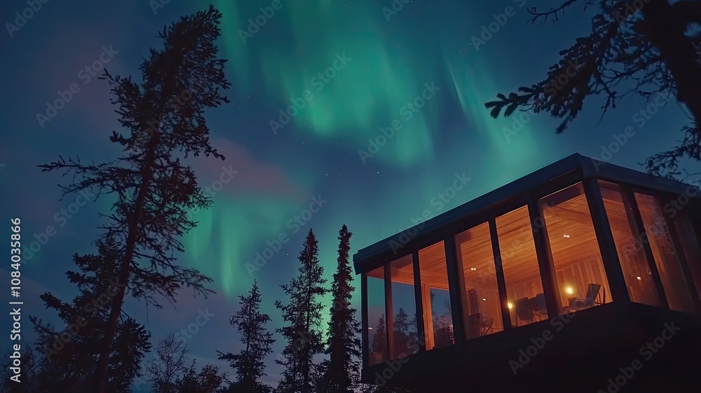 Poster here's a and keyword list for your stock photo.. modern cabin glows warmly under vibrant aurora bore