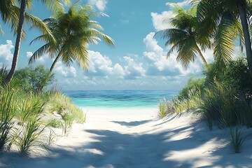 Fototapeta premium Palm Trees Frame Sunny Beach Path with Lush Vegetation and Shadows