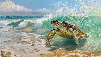 Obraz premium A sea turtle emerging from the ocean waves, showcasing the beauty of marine life and coastal environments.
