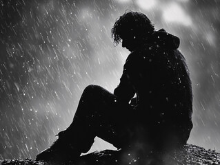 Obraz premium Black-and-White Silhouette of a Person Sitting in the Rain, Expressing Sadness and Solitude in an Emotional and Dramatic Composition