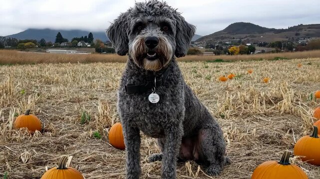 A fluffy gray poodle dog is seated amidst numerous orange pumpkins in a harvested field