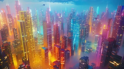 Fototapeta premium Futuristic city skyline with neon lights and a flying car.
