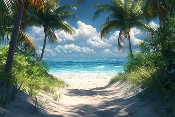Obraz premium Palm Trees Framing a Tranquil Beach Path2