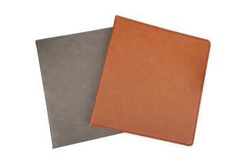 Leather binding, leather folder cover mockup, office stuff. Concept shot, top view, isolated white...