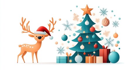 Fototapeta premium Whimsical christmas scene with reindeer in santa hat and decorated tree