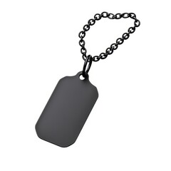 A sleek, black dog tag on a chain, showcasing a minimalist design ideal for personalization or identification purposes.