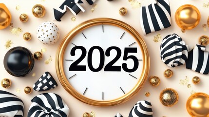 Obraz premium New year 2025 celebration with gold and black clock theme