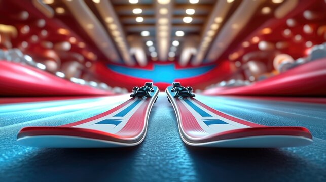 Dynamic perspective of red skis in modern ski store setting
