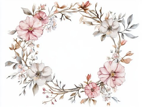a delicate watercolor floral frame, adorned with a variety of blossoms in soft hues, ideal for invitations or to highlight a special message with its artistic charm