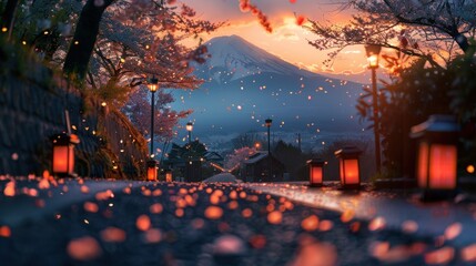 Obraz premium Serene cherry blossom path, Mount Fuji sunset.